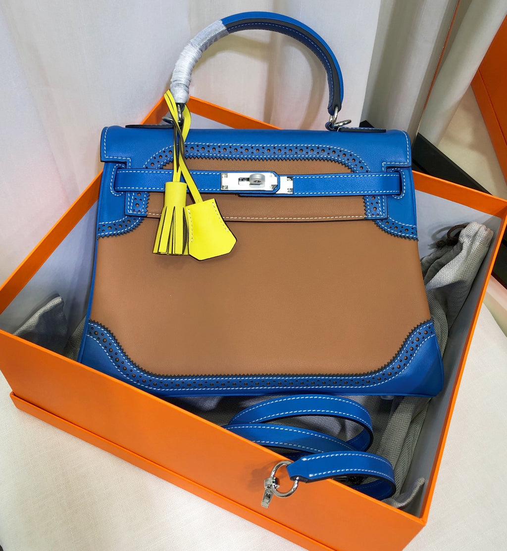 Kelly Sellier Ghillies 28cm Bleu Izmir & Natural Sable Barenia Leather Palladium Hardware Women Handbag