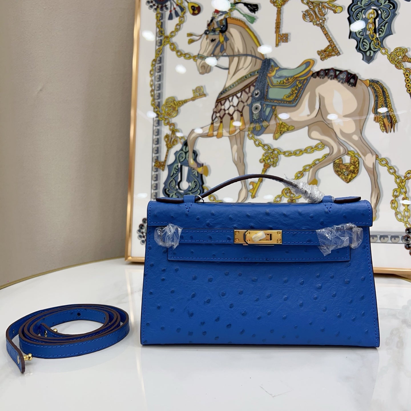 Mini Kelly Sellier 22cm Bleu Electrique Ostrich Leather Gold Hardware Women Mini Handbag