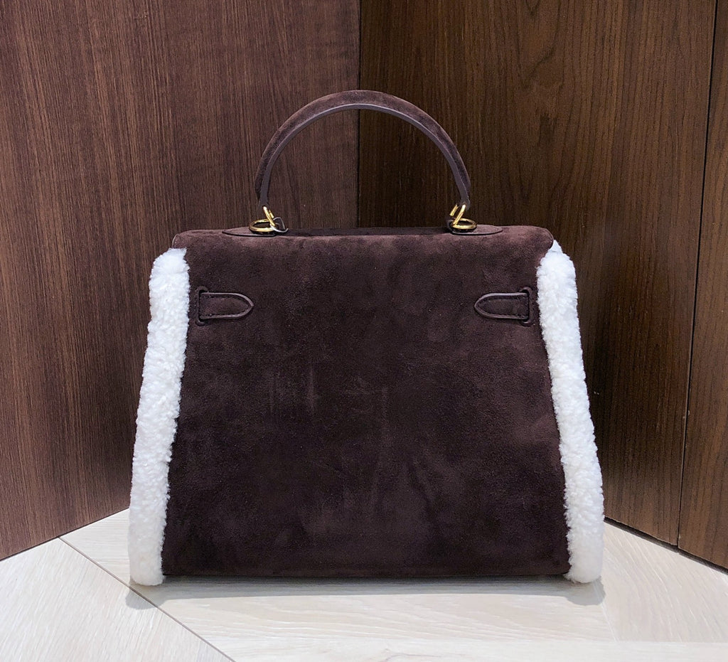 Kelly Sellier 28cm Ebene Suede Leather Gold Hardware Commute Shoulder Handbag