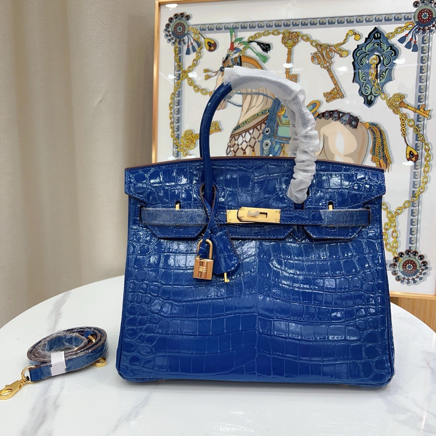 Birkin Style 25/30/35 Retourne in Royal Blue Crocodile-Embossed Leather (Gold Hardware)
