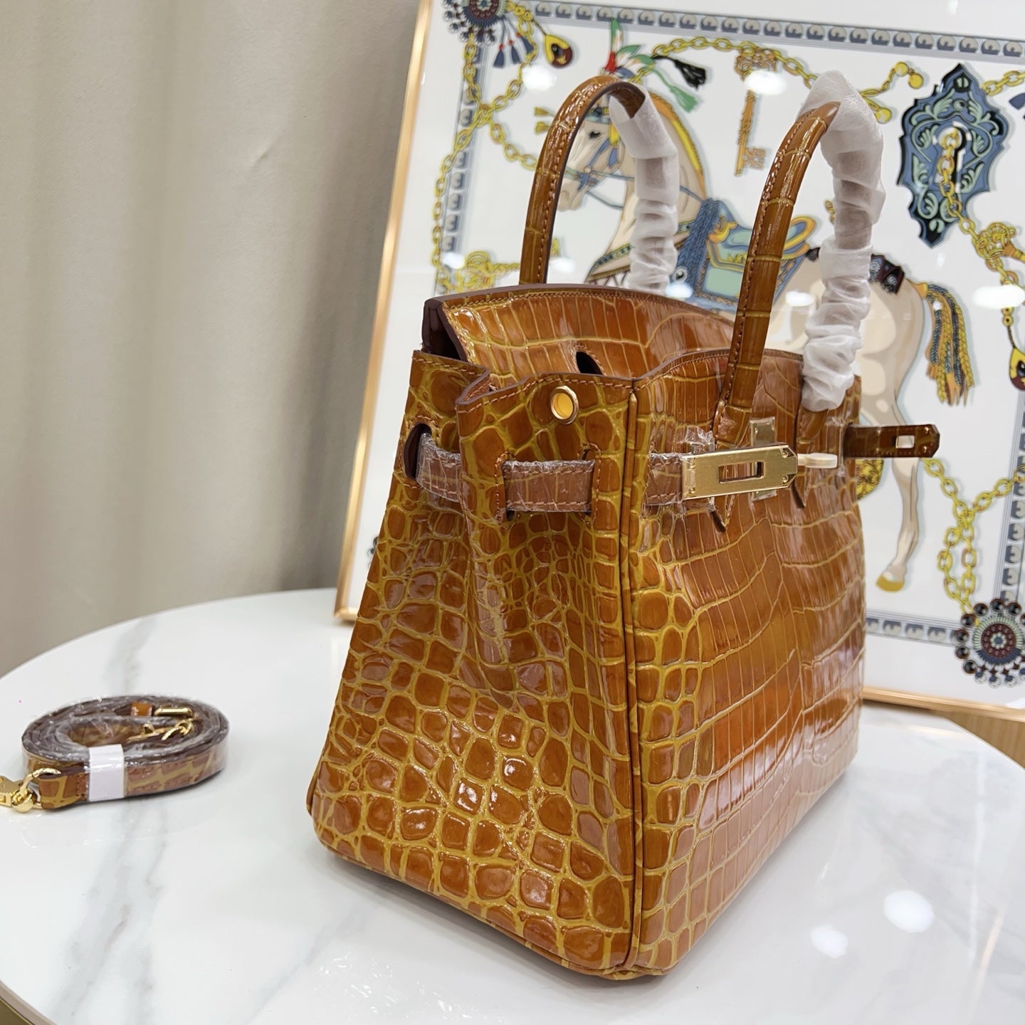 Birkin Style 25/30/35 Retourne in Miel/Gold Crocodile-Embossed Leather (Gold Hardware)