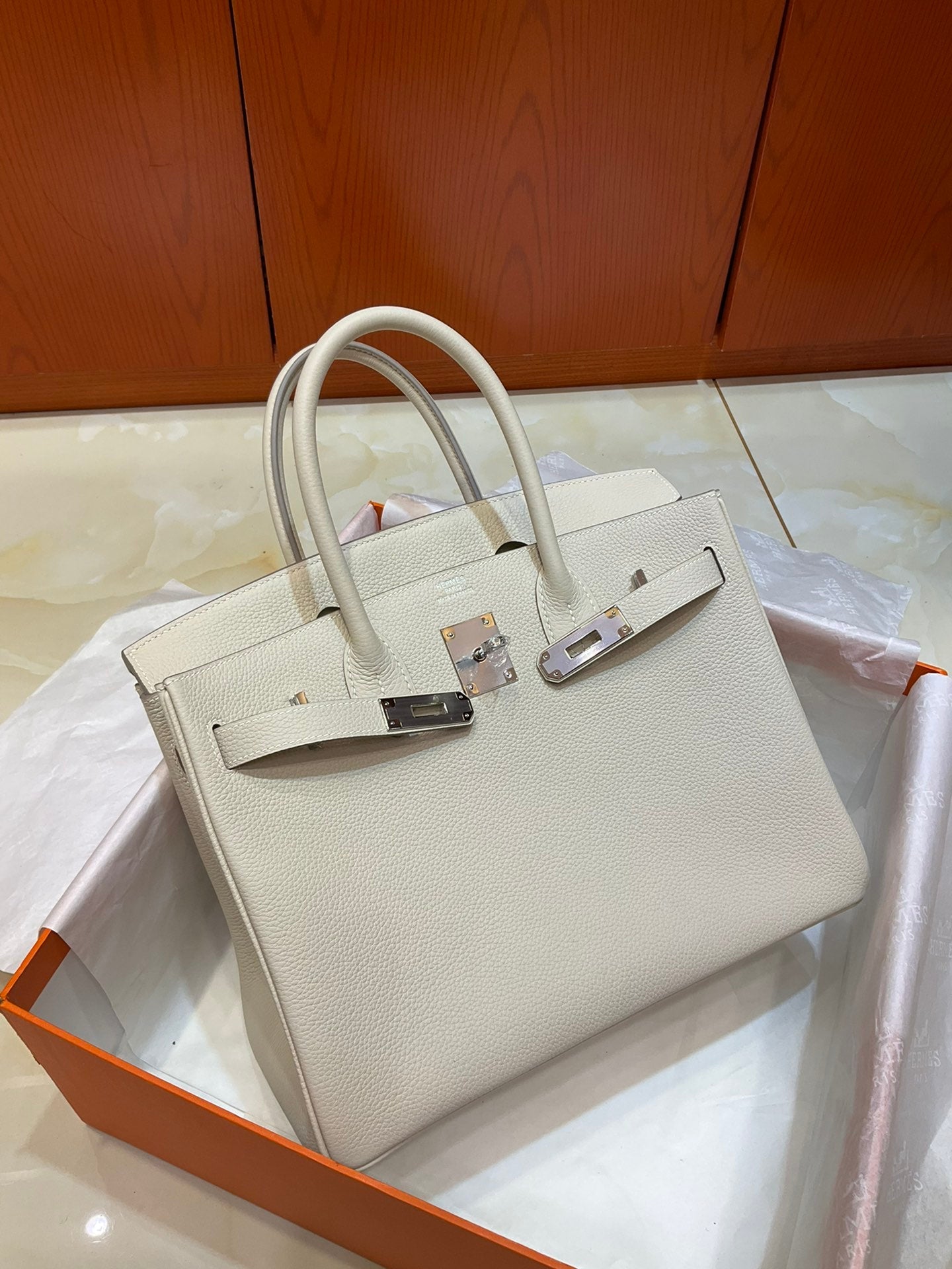 Birkin 30 Retourne in Craie Togo Leather (Palladium Hardware)