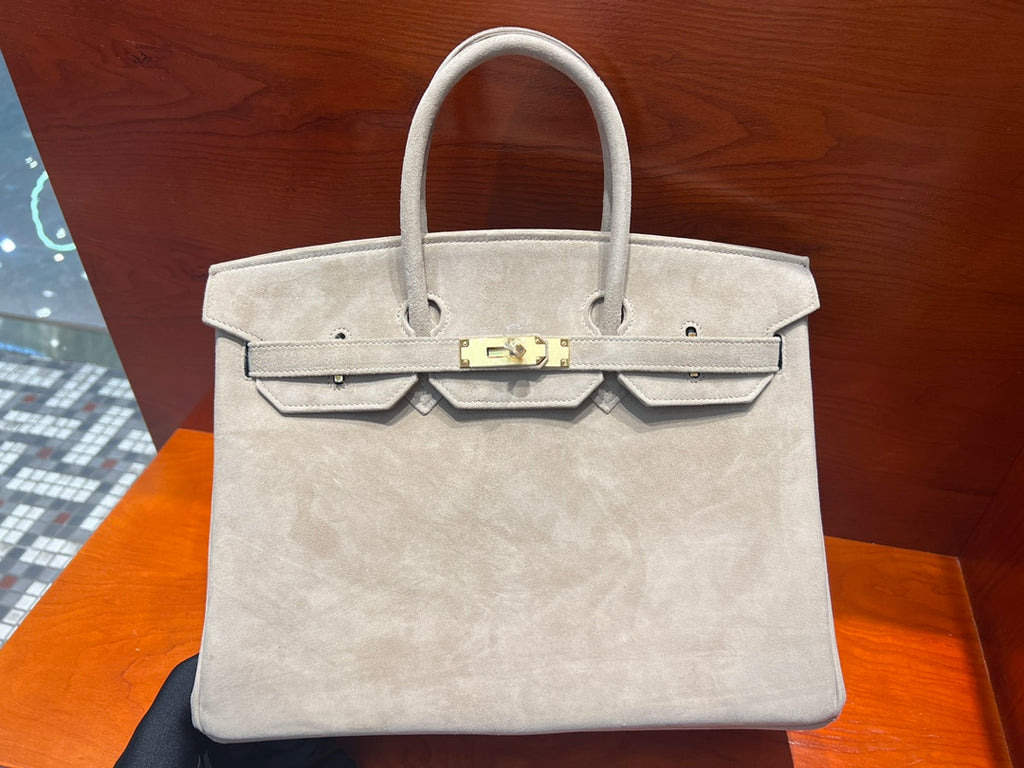 Birkin 35 Retourne in Etoupe Suede Grizzly (Gold Hardware)