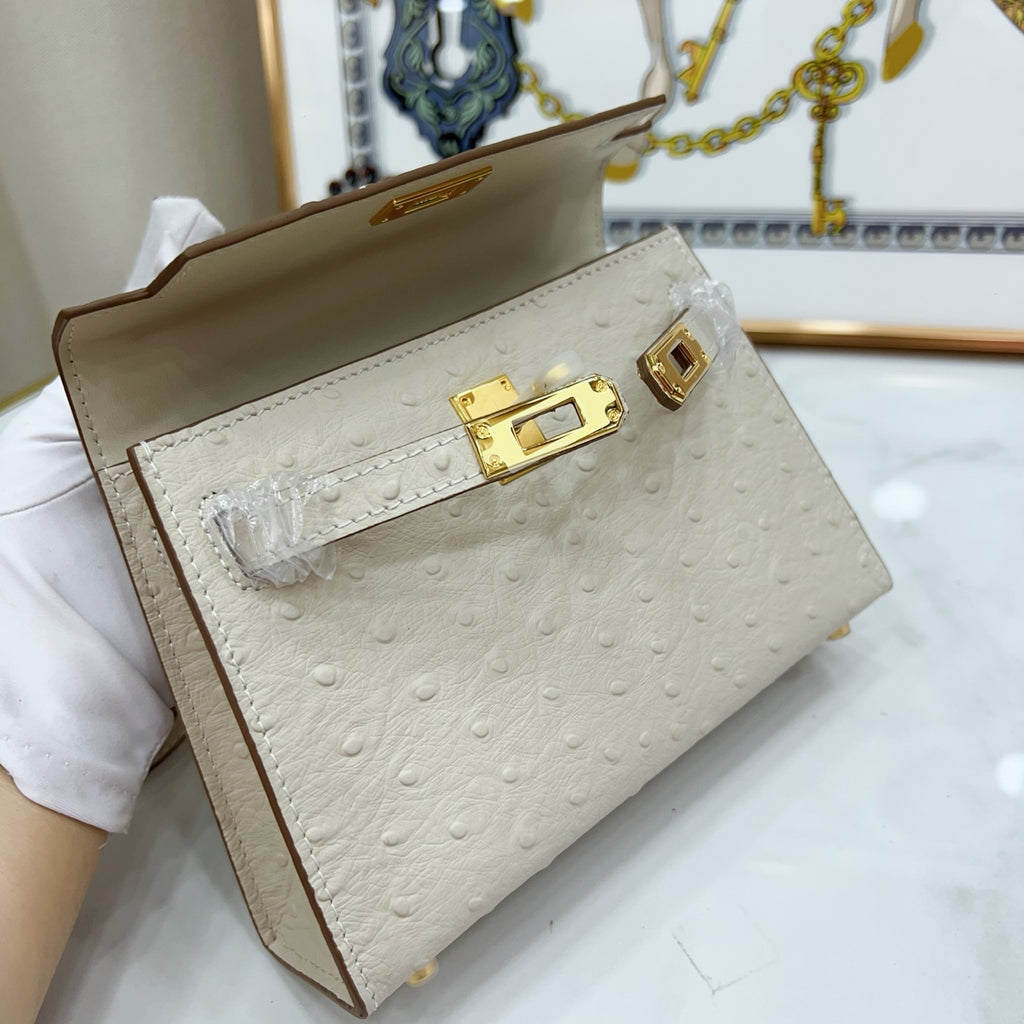 Mini Kelly II 19cm Sellier Craie Ostrich Gold Hardware Premium Women Daily Handbag