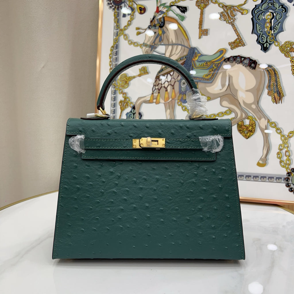 Kelly Sellier 25cm Vert Cypress Ostrich Gold Hardware Vintage Women Handbag