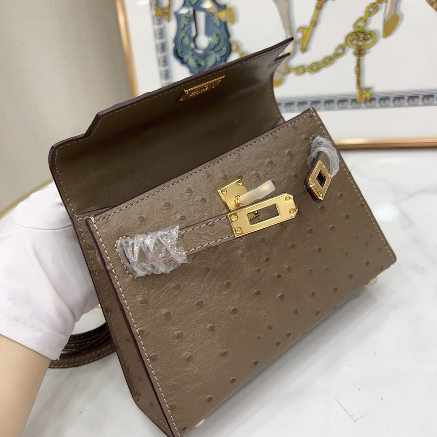 Mini Kelly II 19cm Sellier Etoupe Ostrich Gold Hardware Designer Mini Shoulder Purse