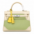 Kelly Sellier Ghillies 28cm Craie & Vert Pomme Barenia Leather Palladium Hardware Women Handbag