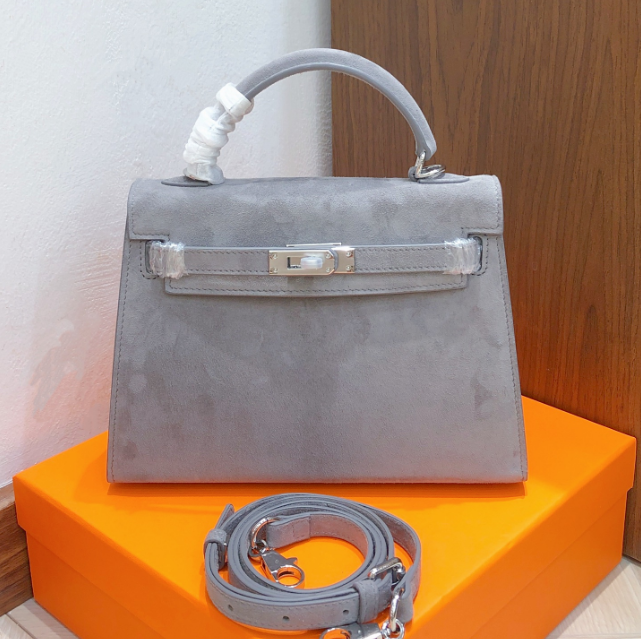 Kelly Sellier 22cm Gris Asphalte Suede Leather Palladium Hardware Women Handbag