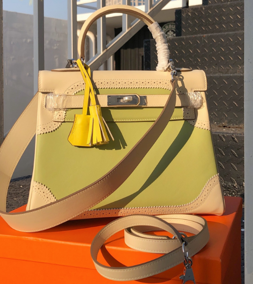 Kelly Sellier Ghillies 28cm Craie & Vert Pomme Barenia Leather Palladium Hardware Women Handbag