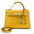 Kelly Sellier 22cm Jaune Ambre Shiny Crocodile Leather Gold Hardware & Palladium Hardware Women Handbag