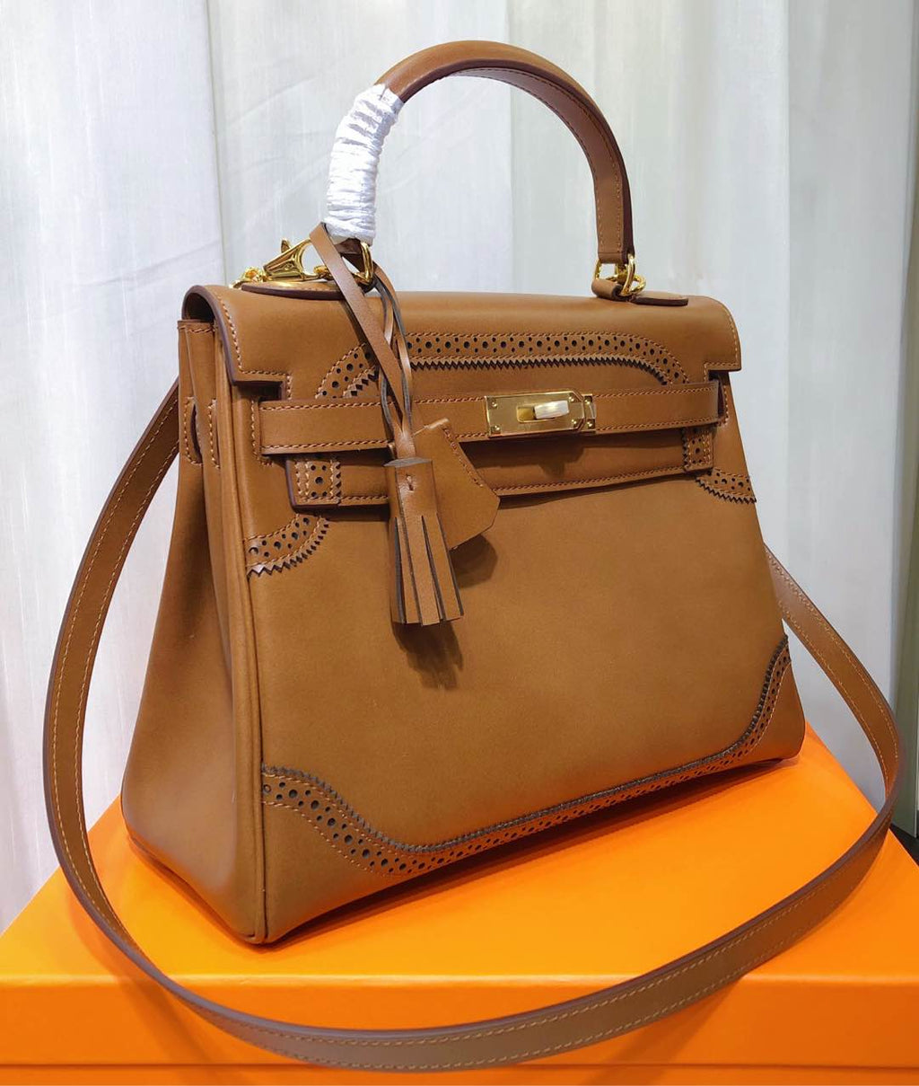 Kelly Sellier Ghillies 28cm Natural Sable Barenia Leather Gold Hardware Women Handbag