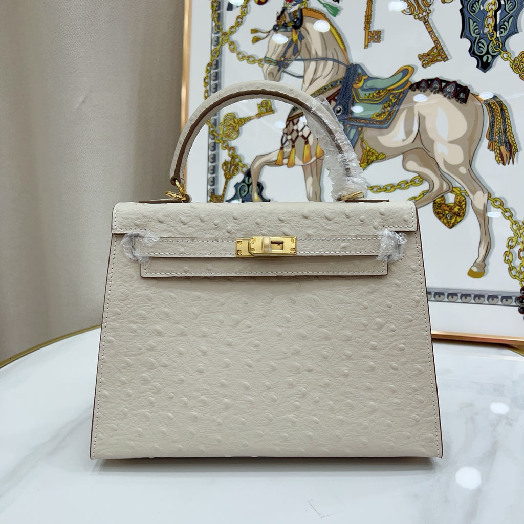 Kelly Sellier 25cm Craie Ostrich Gold Hardware Premium Women Shoulder Purse