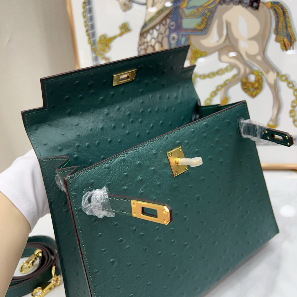 Kelly Sellier 25cm Vert Cypress Ostrich Gold Hardware Vintage Women Handbag