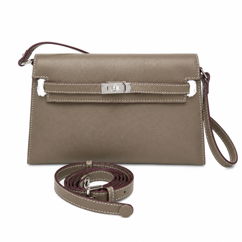 Kelly Elan 25 Underarm Baguette Bag, Genuine Top Layer Cowhide Goat Grain Leather, Silver Hardware Khaki Shoulder Handbag, Timeless Neutral Must-have Bag Elegant Versatile Daily Purse Size 25×6.5×15cm