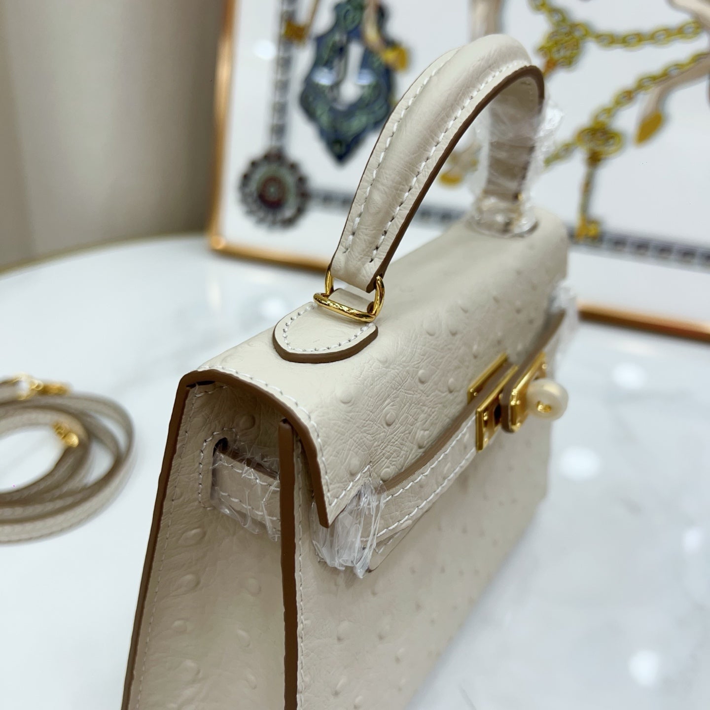 Mini Kelly II 19cm Sellier Craie Ostrich Gold Hardware Premium Women Daily Handbag
