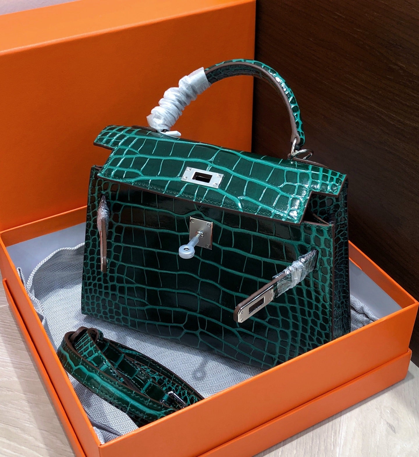 Kelly Sellier 22cm Vert Emeraude Shiny Crocodile Leather Gold Hardware & Palladium Hardware Women Handbag