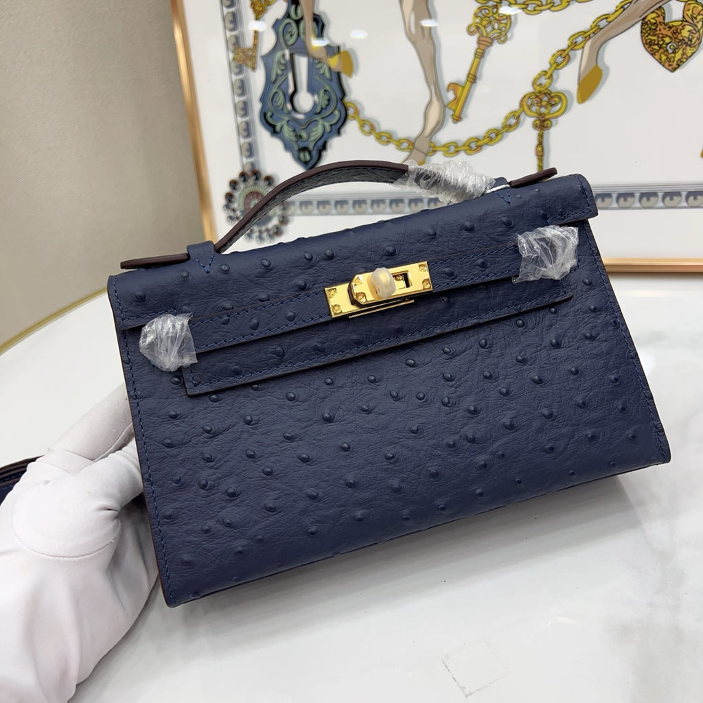 Mini Kelly Sellier 22cm Bleu Nuit Ostrich Leather Gold Hardware Women Mini Handbag