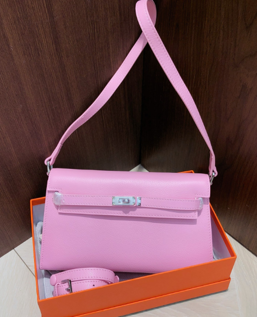 Kelly Elan 25 Underarm Baguette Bag, Genuine Top Layer Cowhide Goat Grain Leather, Silver Hardware Mauve Iris Purple Shoulder Handbag, Bright Soft Tone Youthful Elegant Daily Purse Size 25×6.5×15cm