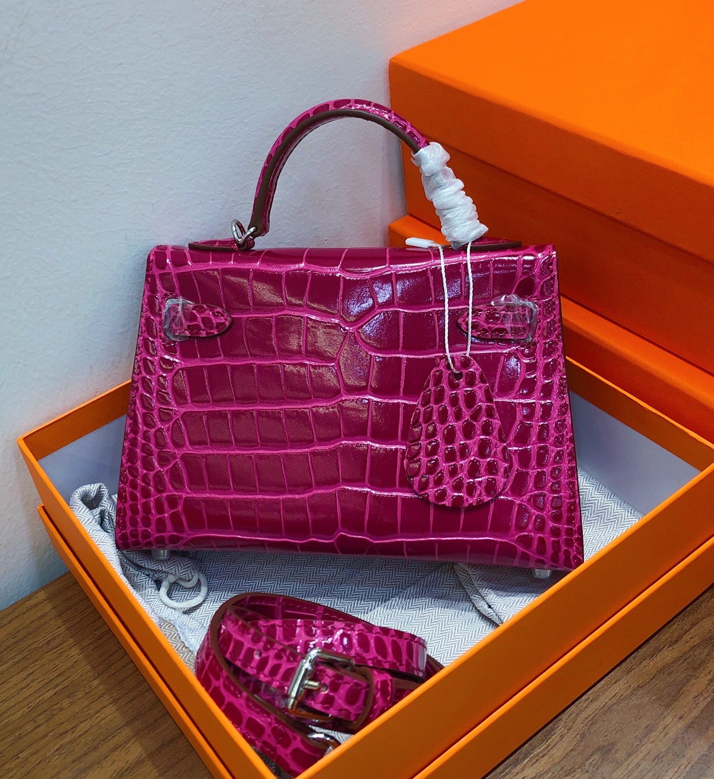 Kelly Sellier 19cm Fuchsia Shiny Crocodile Leather Gold Hardware & Palladium Hardware Women Handbag