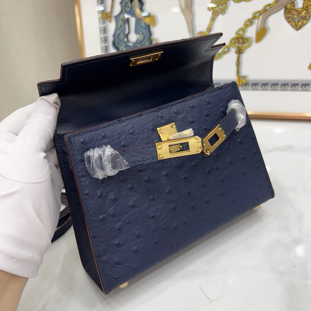 Mini Kelly Sellier 19cm Bleu Nuit Ostrich Leather Gold Hardware Women Mini Handbag