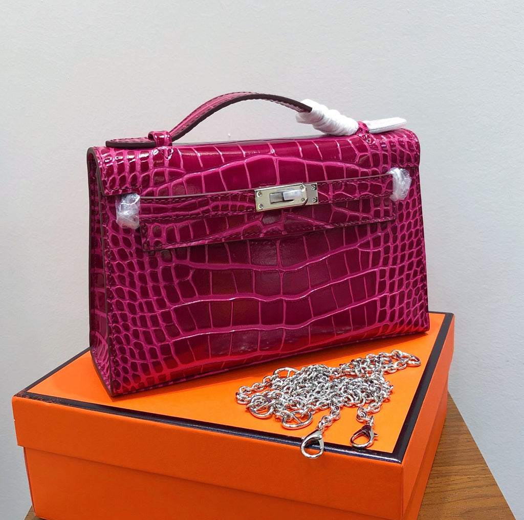 Kelly Pochette Fuchsia Shiny Niloticus Crocodile Leather Palladium Hardware Women Clutch Bag