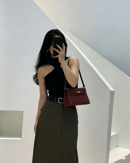 Kelly Elan 25 Underarm Baguette Bag, Genuine Top Layer Cowhide Goat Grain Leather, Gold Hardware Vintage Wine Red Shoulder Handbag, Elegant Luxury Quiet Glam Daily Purse Size 25×6.5×15cm