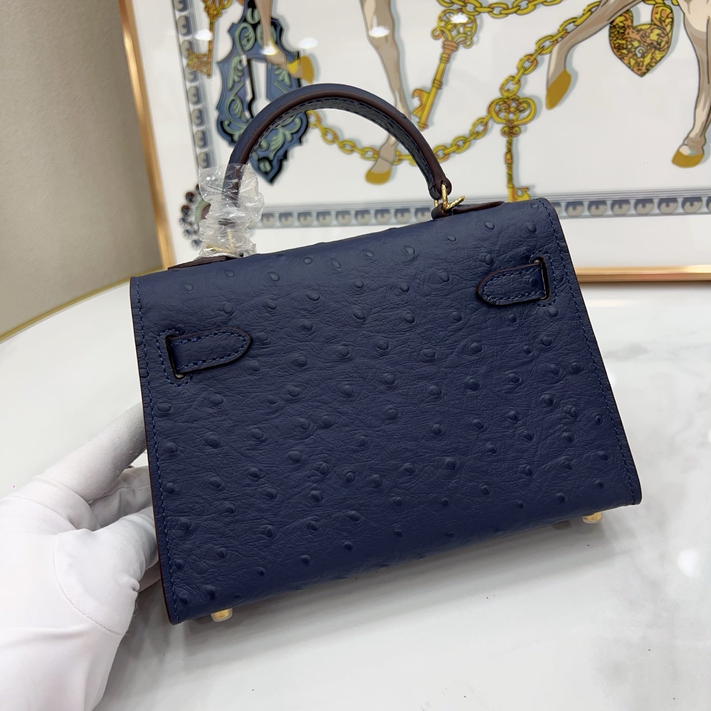 Mini Kelly Sellier 19cm Bleu Nuit Ostrich Leather Gold Hardware Women Mini Handbag