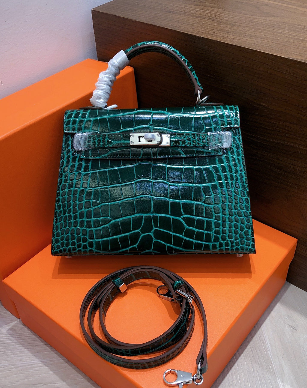 Kelly Sellier 22cm Vert Emeraude Shiny Crocodile Leather Gold Hardware & Palladium Hardware Women Handbag
