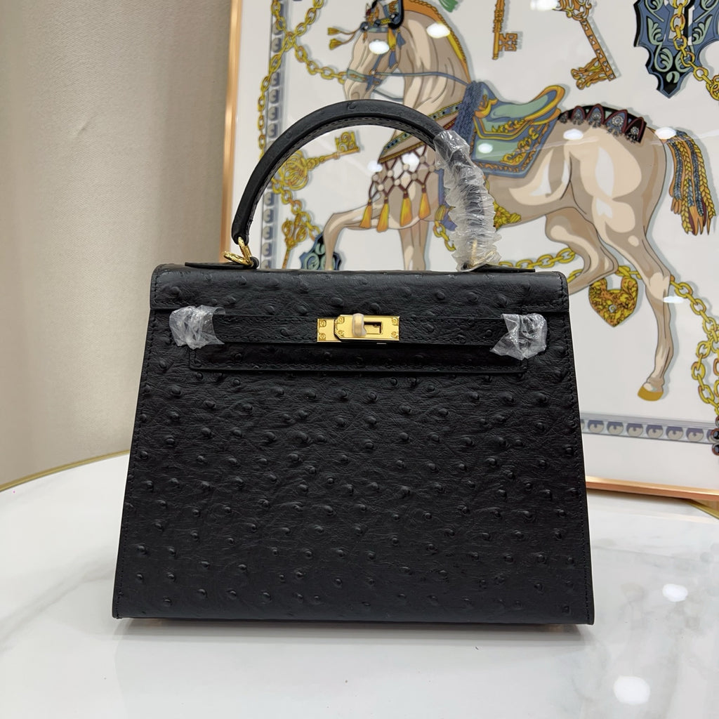 Kelly Sellier 25cm Noir Black Ostrich Gold Hardware Designer Shoulder Tote