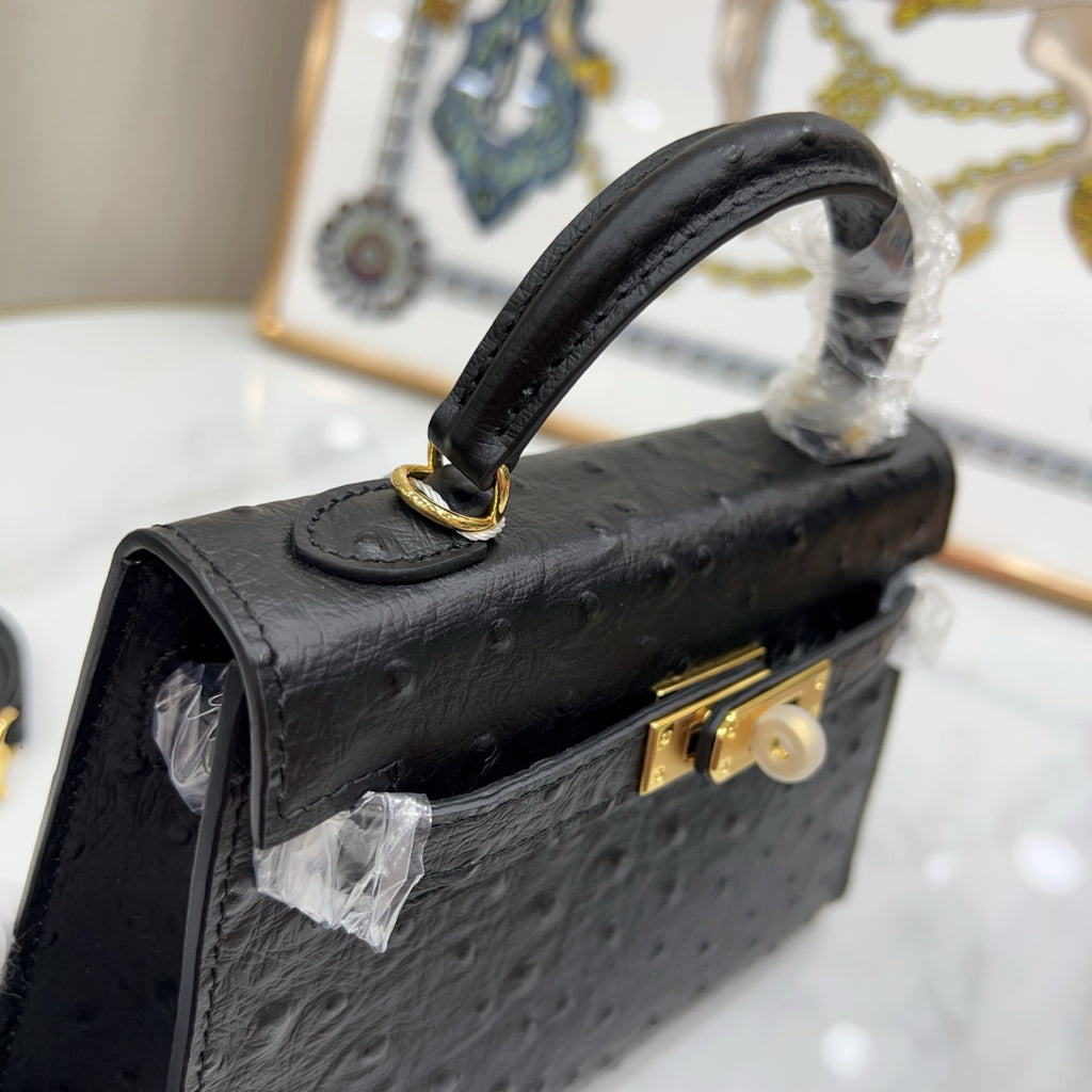 Mini Kelly Sellier 19cm Noir Ostrich Leather Gold Hardware Women Mini Handbag