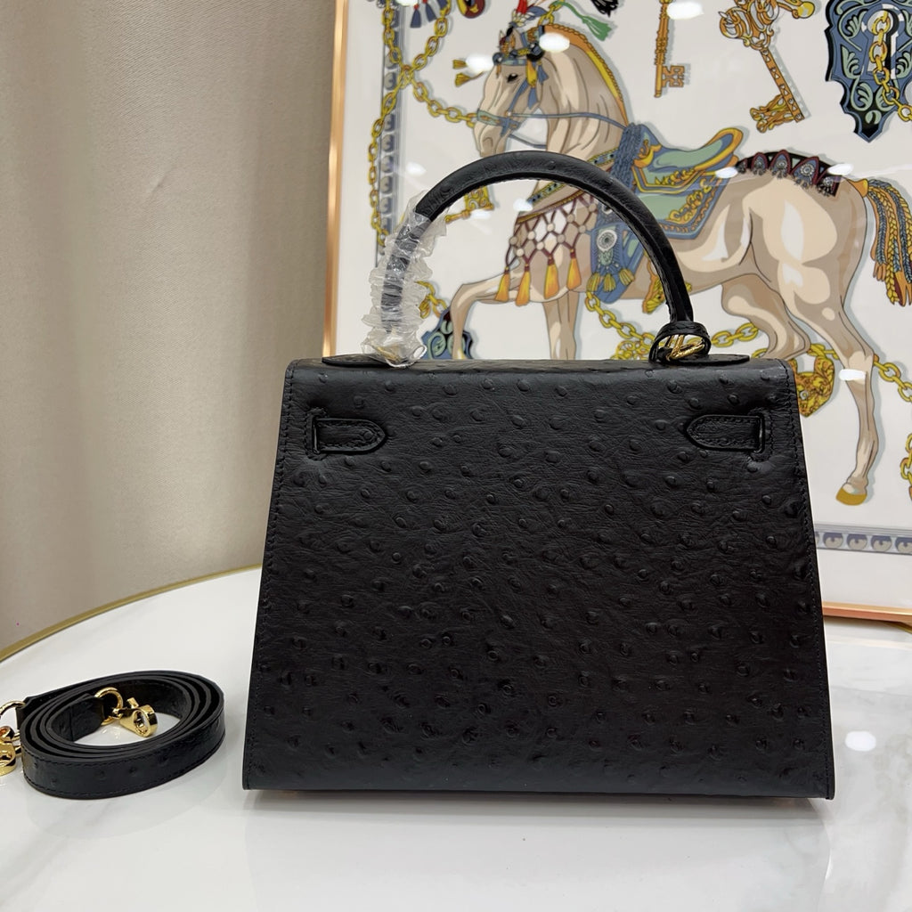 Kelly Sellier 25cm Noir Black Ostrich Gold Hardware Designer Shoulder Tote