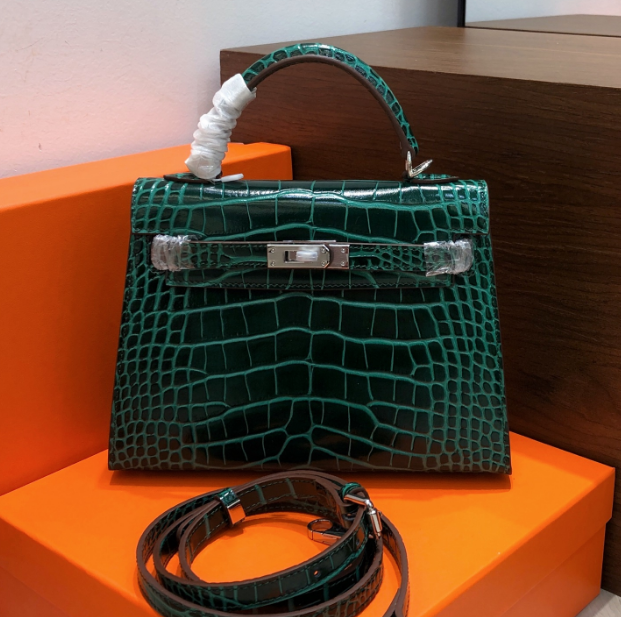 Kelly Sellier 22cm Vert Emeraude Shiny Crocodile Leather Gold Hardware & Palladium Hardware Women Handbag