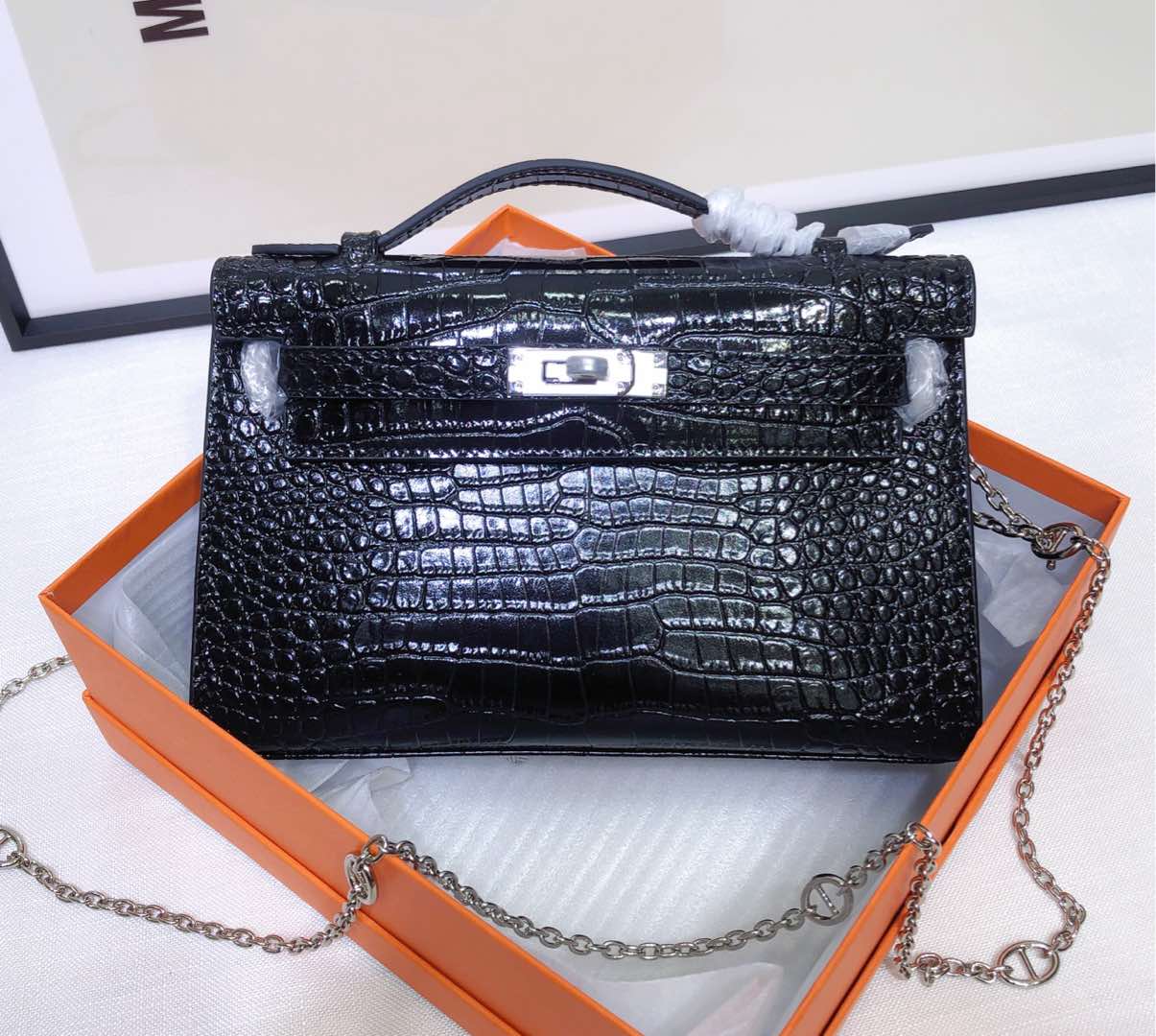 Kelly Pochette Noir Shiny Niloticus Crocodile Leather Palladium Hardware & Palladium Hardware Women Clutch Bag
