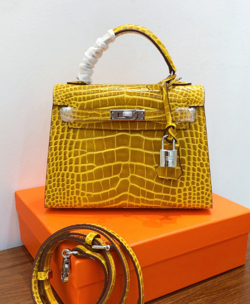 Kelly Sellier 22cm Jaune Ambre Shiny Crocodile Leather Gold Hardware & Palladium Hardware Women Handbag