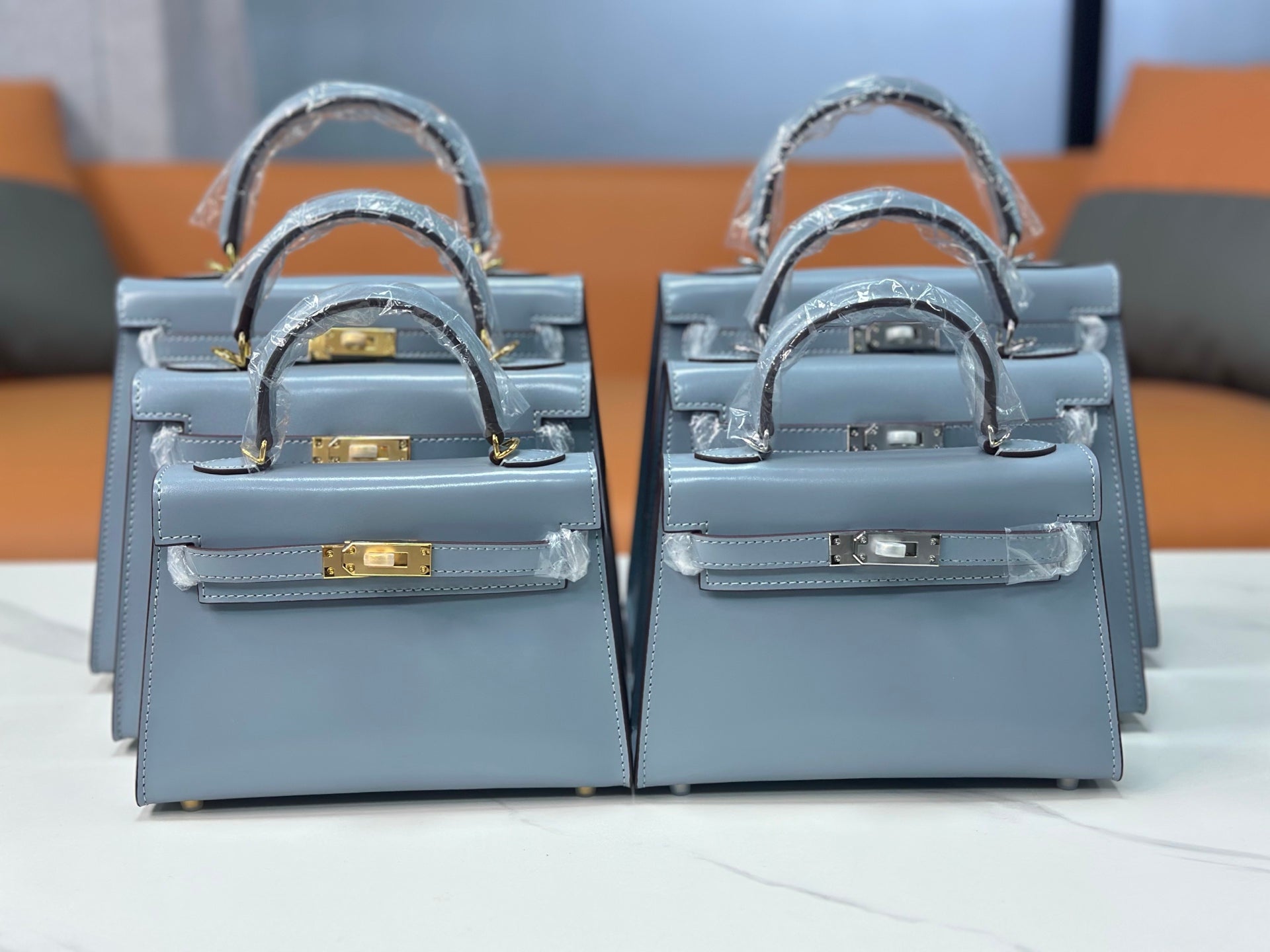 Kelly Sellier 19cm & 22cm & 25cm Bleu Lin Box Calf Leather Gold Hardware & Palladium Hardware Women Handbag