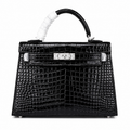 Kelly Sellier 22cm Noir Shiny Crocodile Leather Gold Hardware & Palladium Hardware Women Handbag