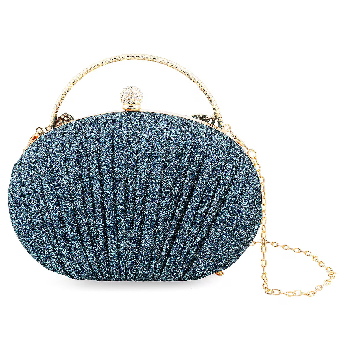 Crossbody bag/clutch with metal frame and crystal rhinestone embellishment.