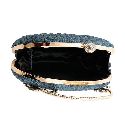 Crossbody bag/clutch with metal frame and crystal rhinestone embellishment.