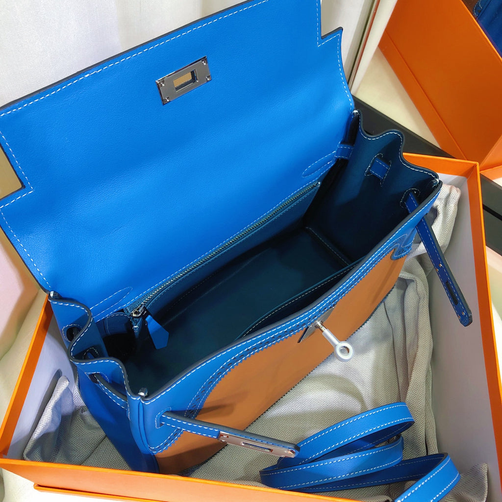Kelly Sellier Ghillies 28cm Bleu Izmir & Natural Sable Barenia Leather Palladium Hardware Women Handbag