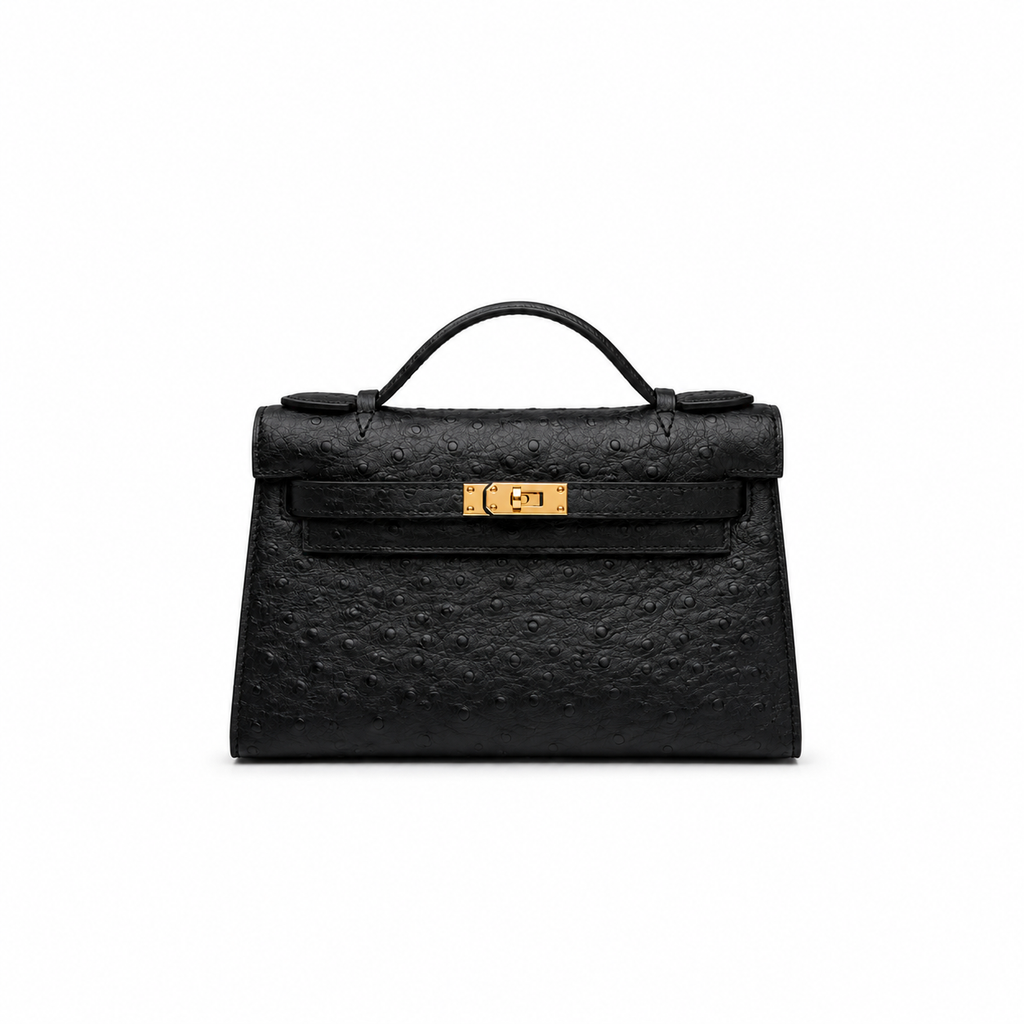 Mini Kelly Sellier 22cm Noir Ostrich Leather Gold Hardware Women Mini Handbag