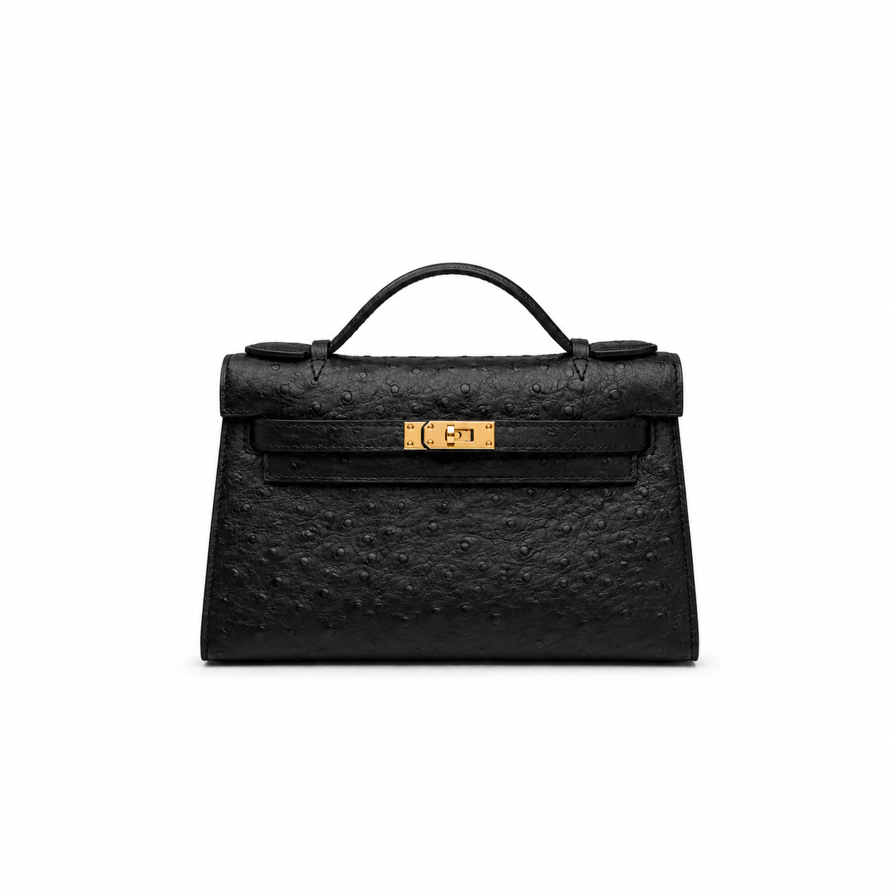 Mini Kelly Sellier 22cm Noir Ostrich Leather Gold Hardware Women Mini Handbag