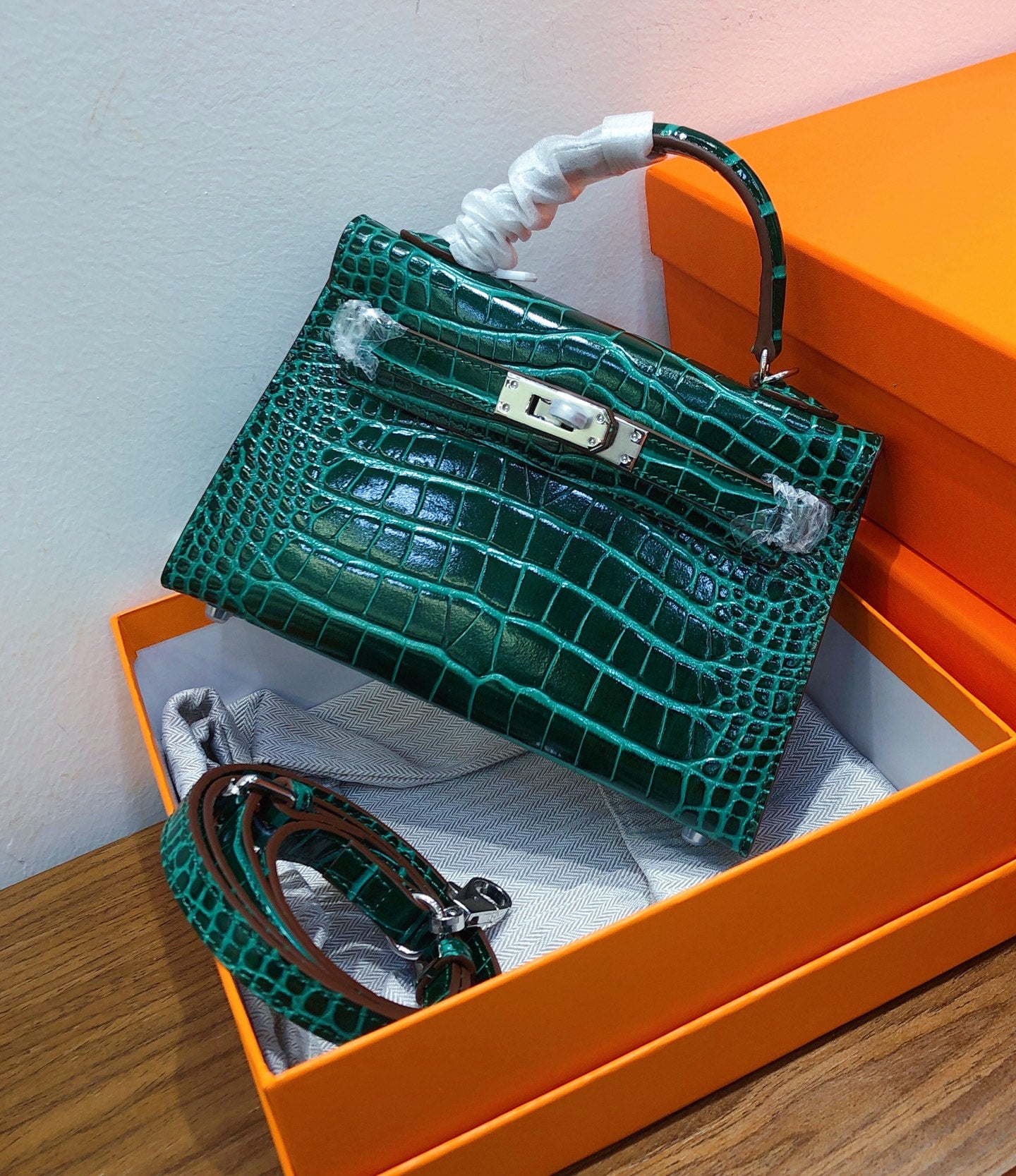 Kelly Sellier 19cm Vert Emeraude Shiny Crocodile Leather Gold Hardware & Palladium Hardware Women Handbag