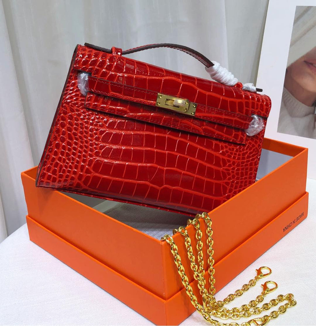 Kelly Pochette Rouge Casa Shiny Niloticus Crocodile Leather Gold Hardware Women Clutch Bag