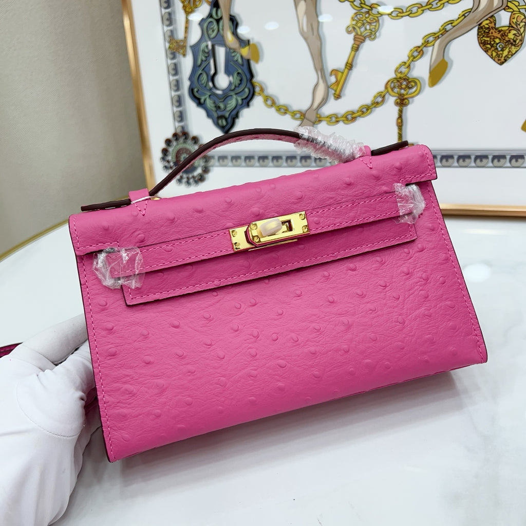 Mini Kelly Sellier 22cm Rose Tyrien Ostrich Leather Gold Hardware Women Mini Handbag