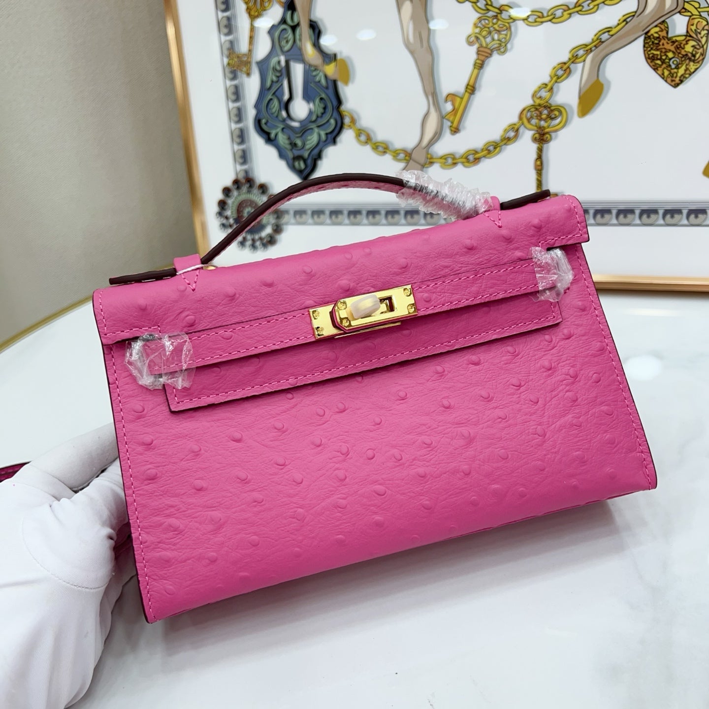 Mini Kelly Sellier 22cm Rose Tyrien Ostrich Leather Gold Hardware Women Mini Handbag