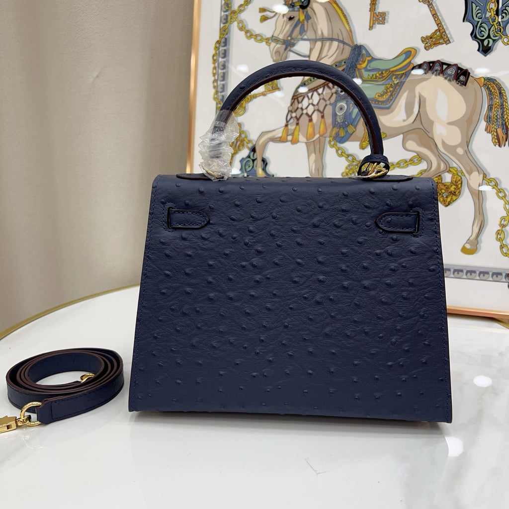 elly Sellier 25cm Bleu Nuit Ostrich Gold Hardware Luxury Commute Handbag