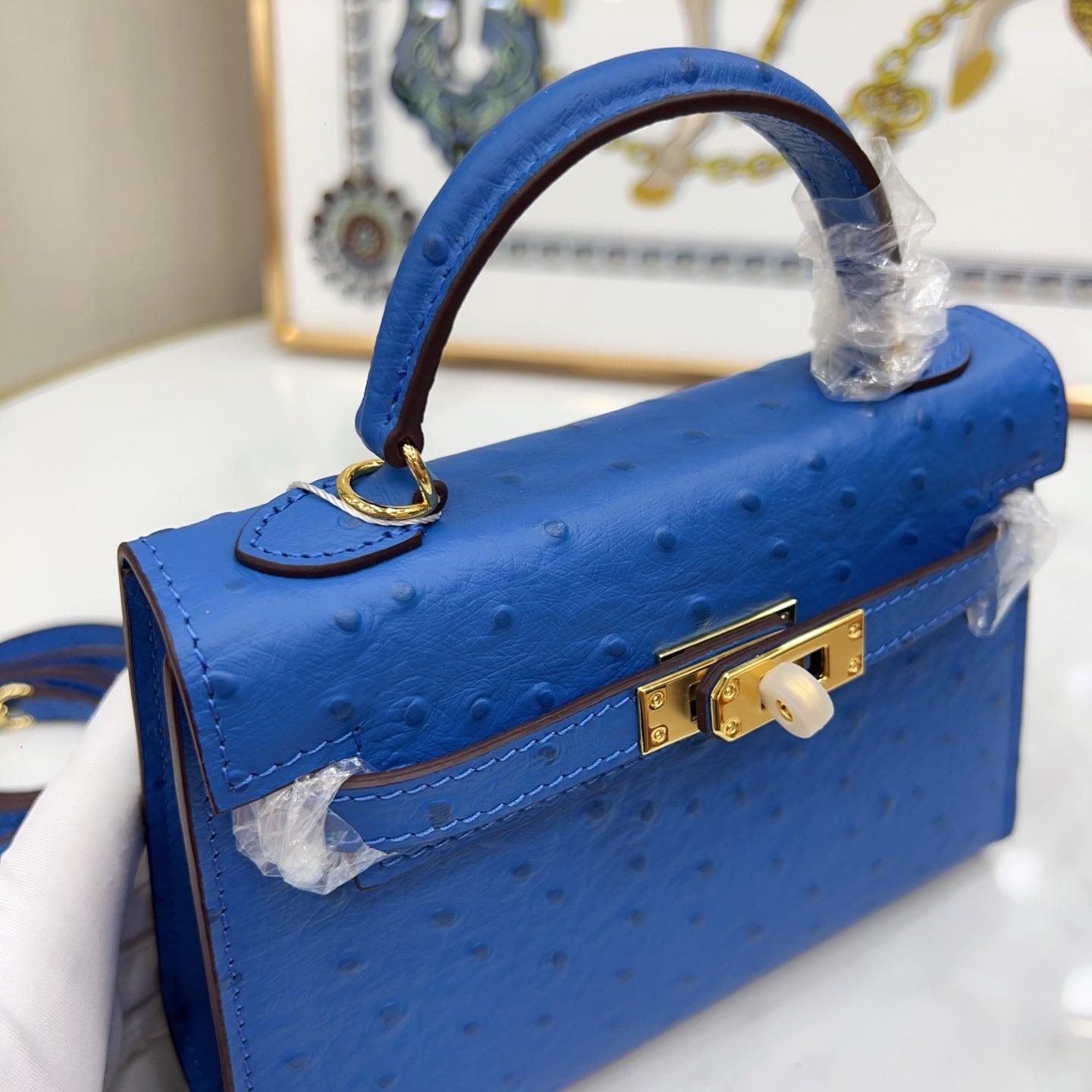 Mini Kelly II 19cm Sellier Bleu Electrique Ostrich Gold Hardware Luxury Crossbody Handbag