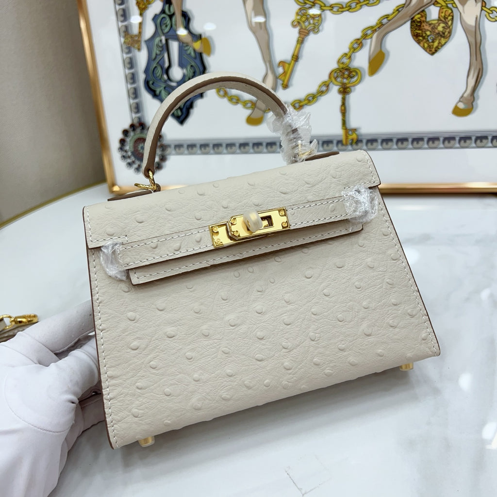 Mini Kelly II 19cm Sellier Craie Ostrich Gold Hardware Premium Women Daily Handbag