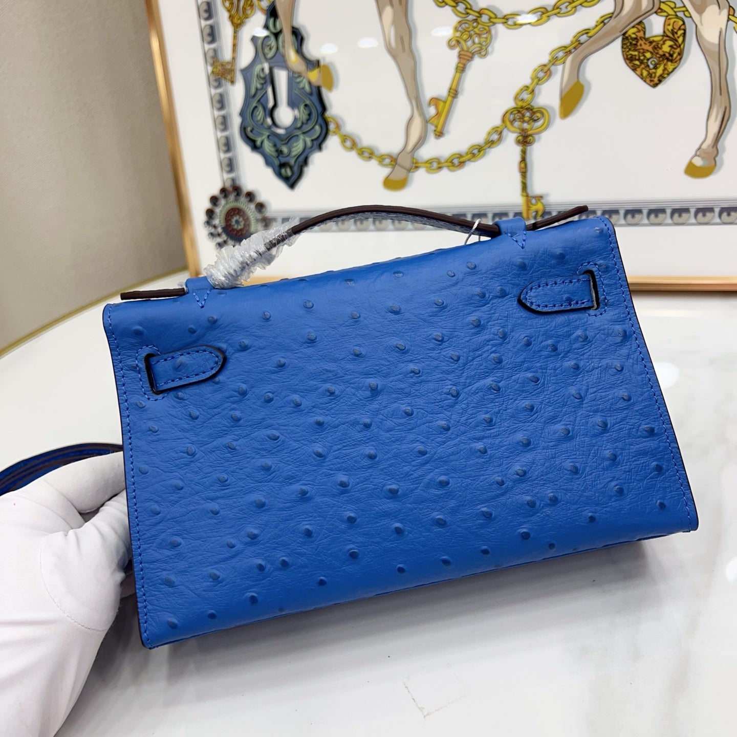 Mini Kelly Sellier 22cm Bleu Electrique Ostrich Leather Gold Hardware Women Mini Handbag