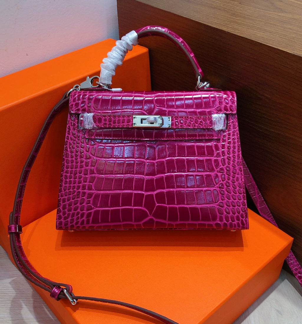 Kelly Sellier 22cm Fuchsia Shiny Crocodile Leather Gold Hardware & Palladium Hardware Women Handbag